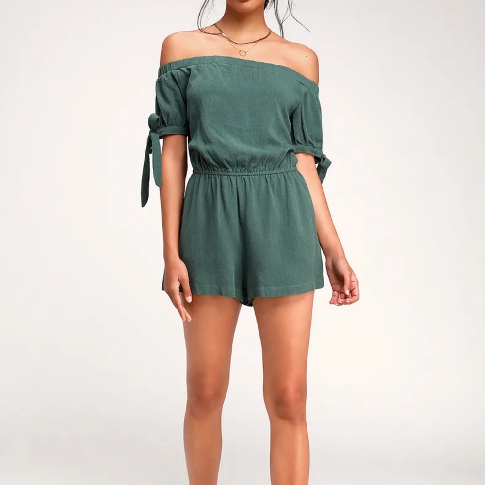 Georgiana Washed Olive Green Off-the-Shoulder Romper